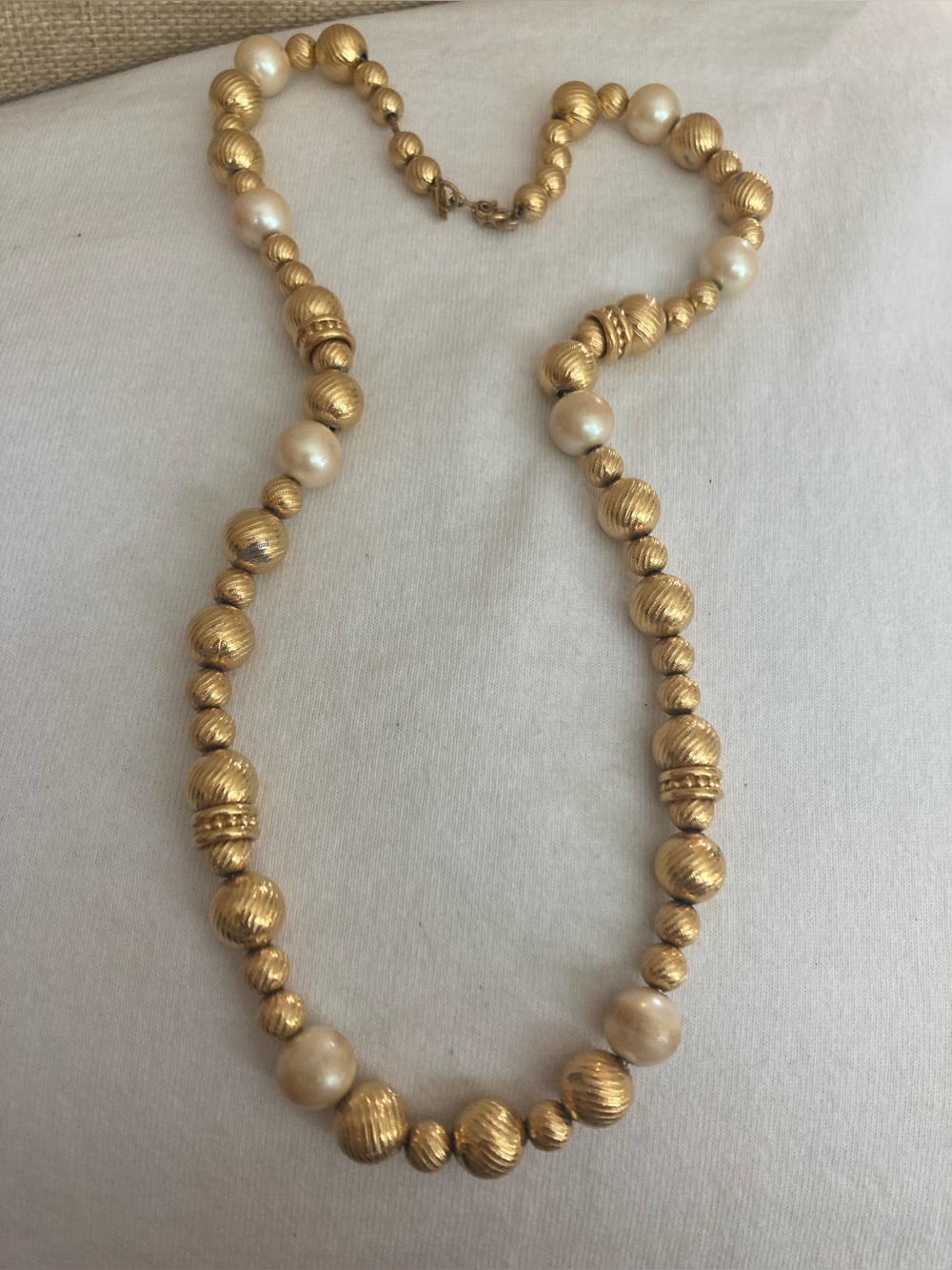 Monet Signed Gold Tone Metal Beads and Faux Pearls Necklace